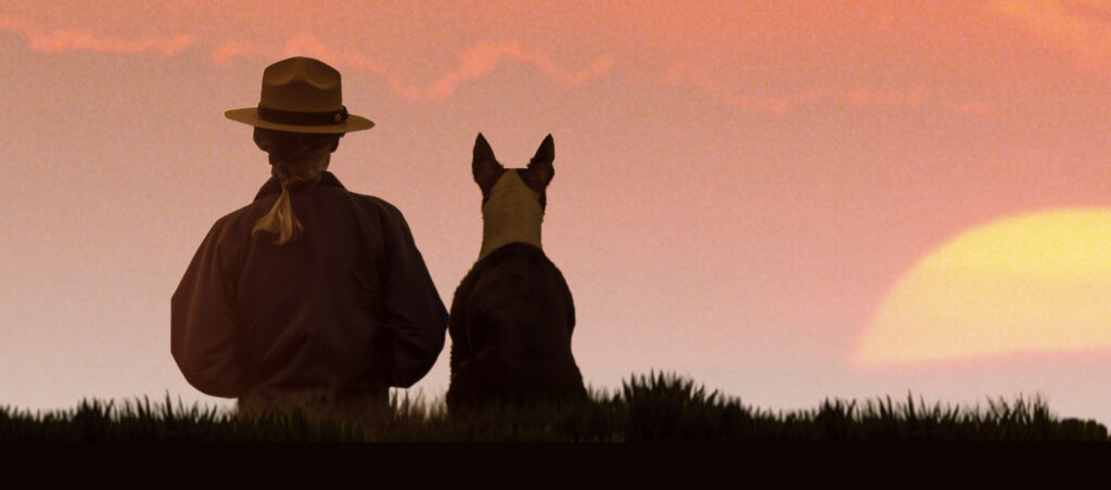 woman sitting with dog and watching the sunset